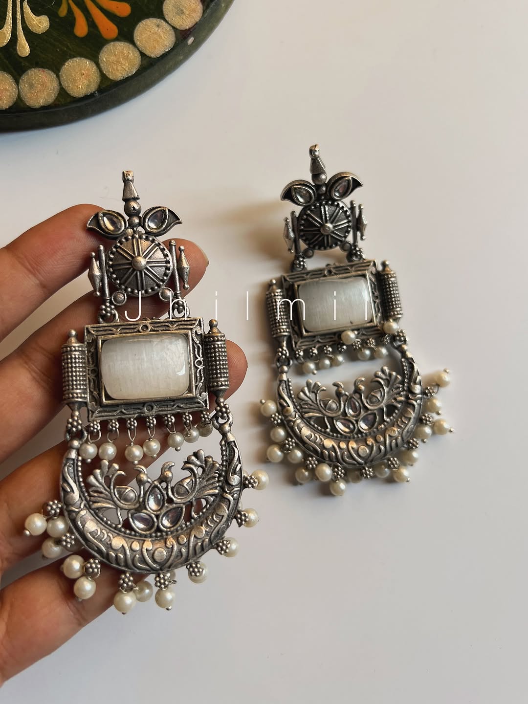 Peacock Crescent Pearl Drop Earrings