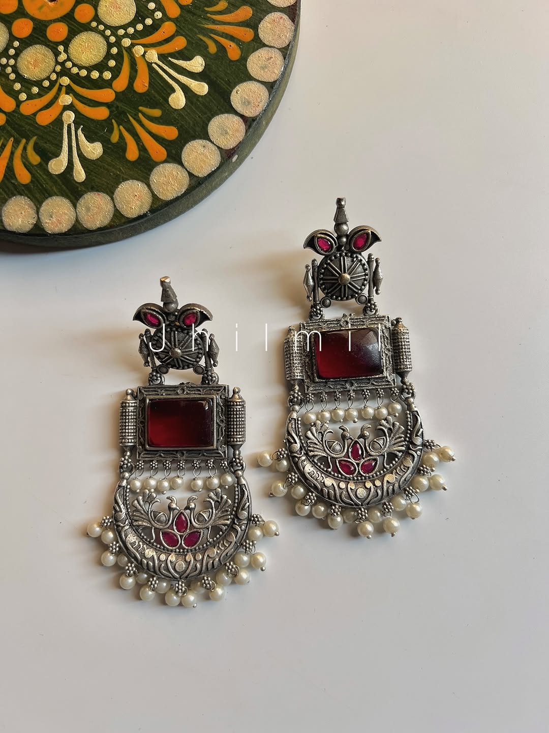 Peacock Crescent Pearl Drop Earrings