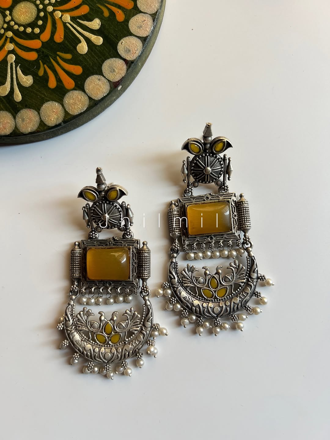 Peacock Crescent Pearl Drop Earrings