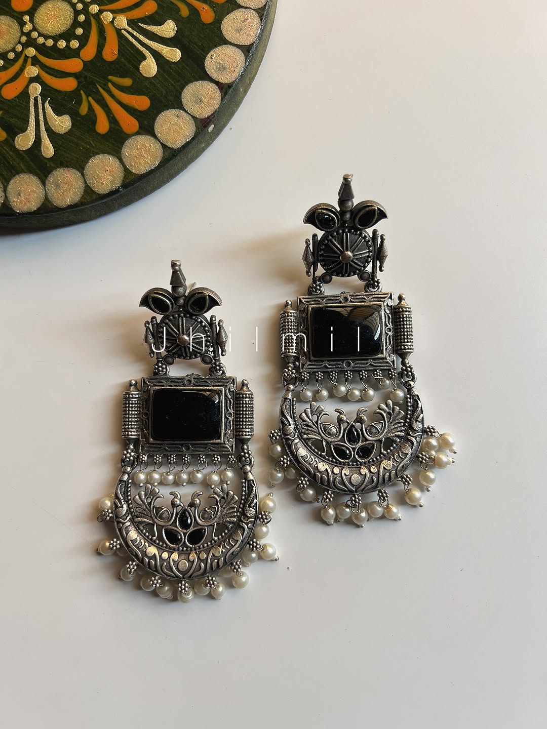 Peacock Crescent Pearl Drop Earrings