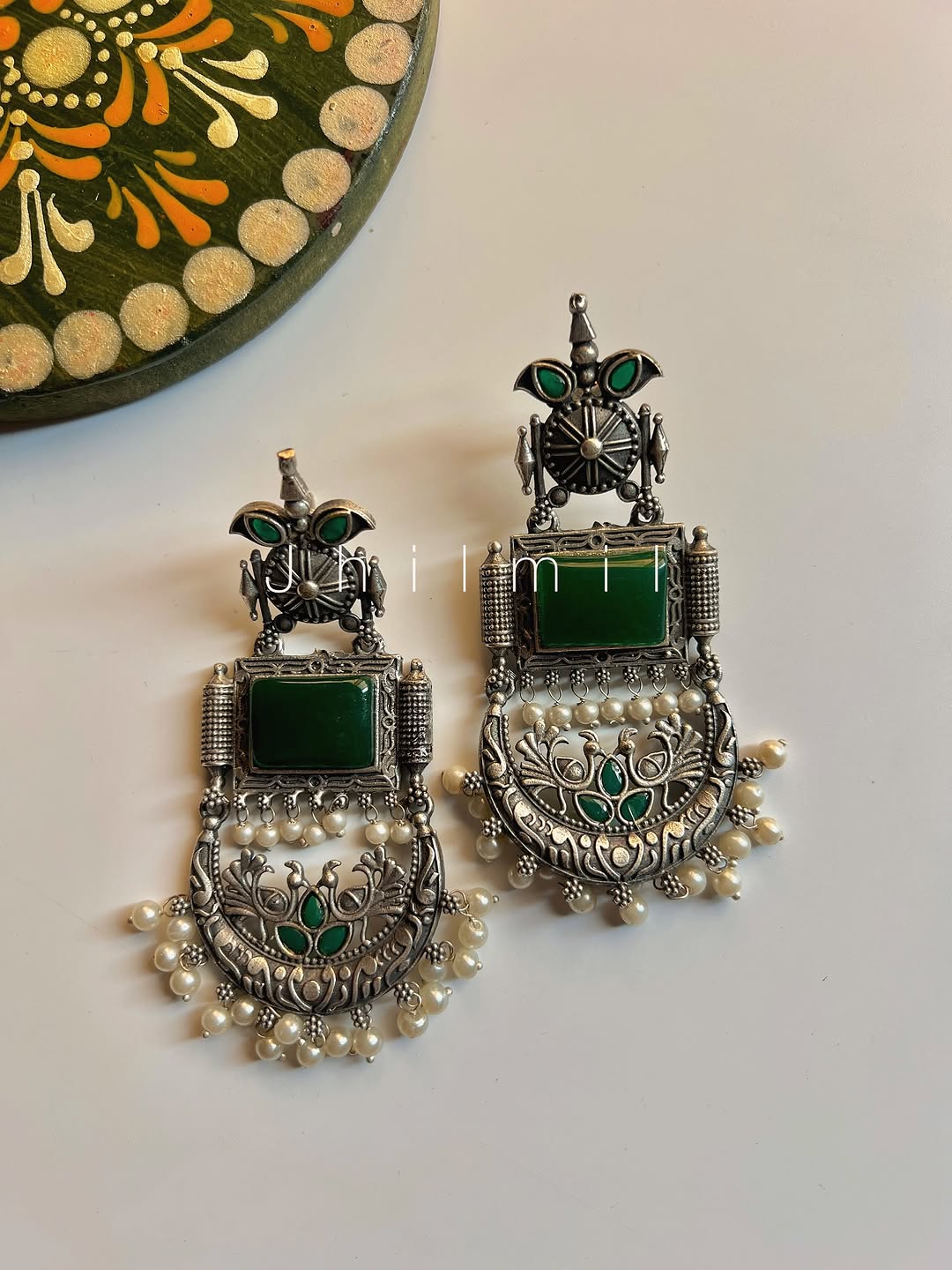 Peacock Crescent Pearl Drop Earrings