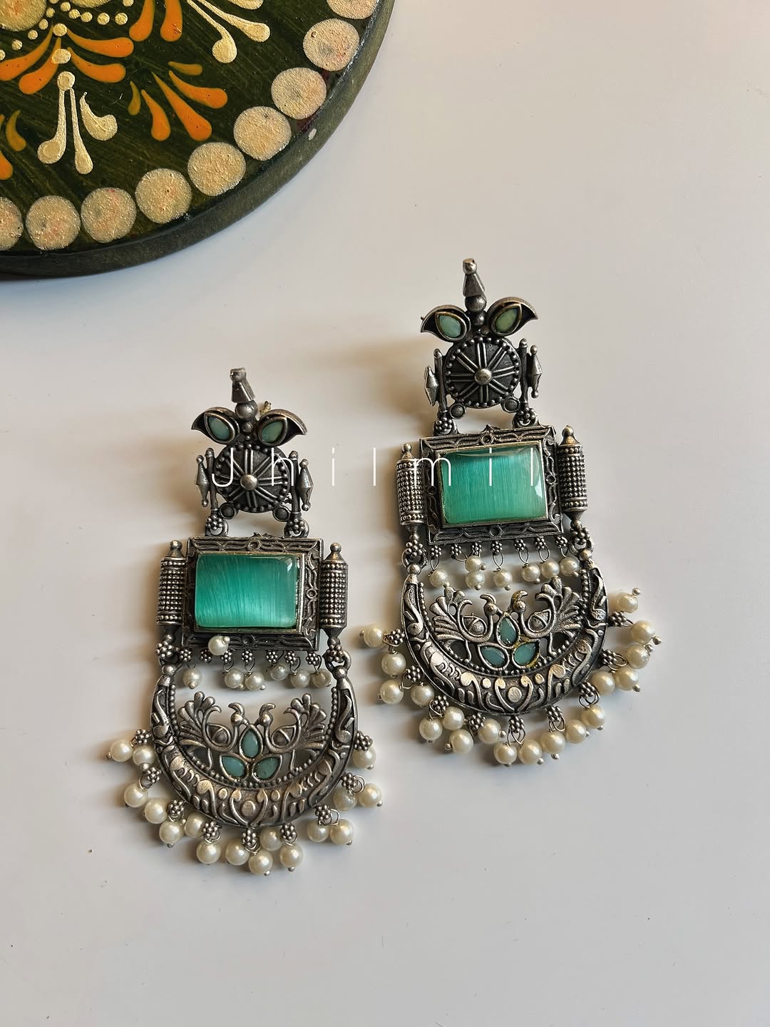 Peacock Crescent Pearl Drop Earrings