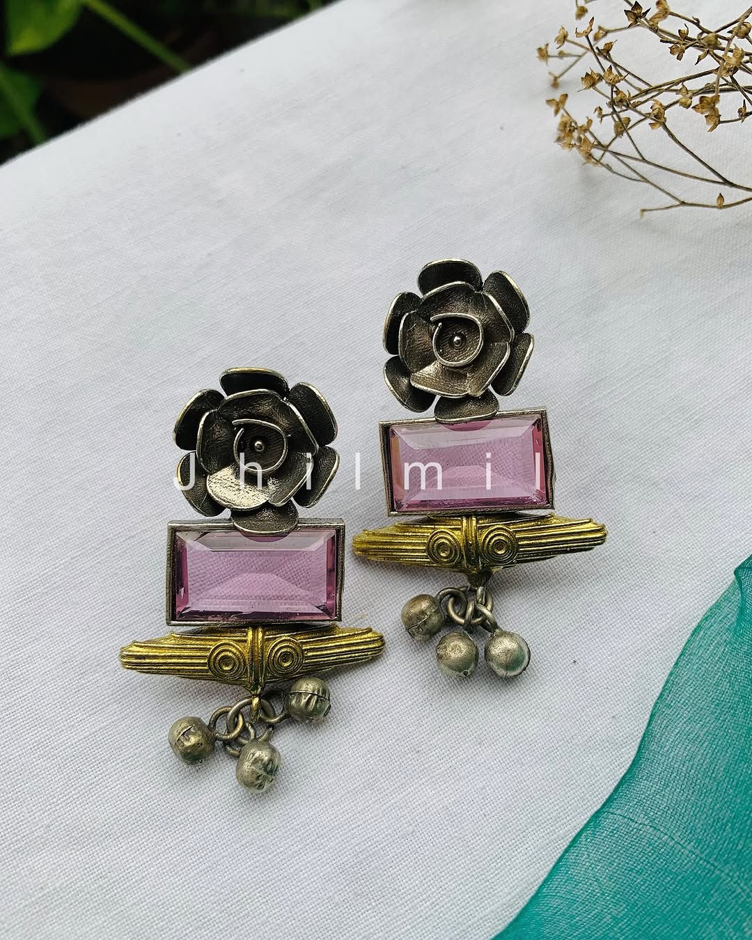 Dual tone floral oxidized earrings