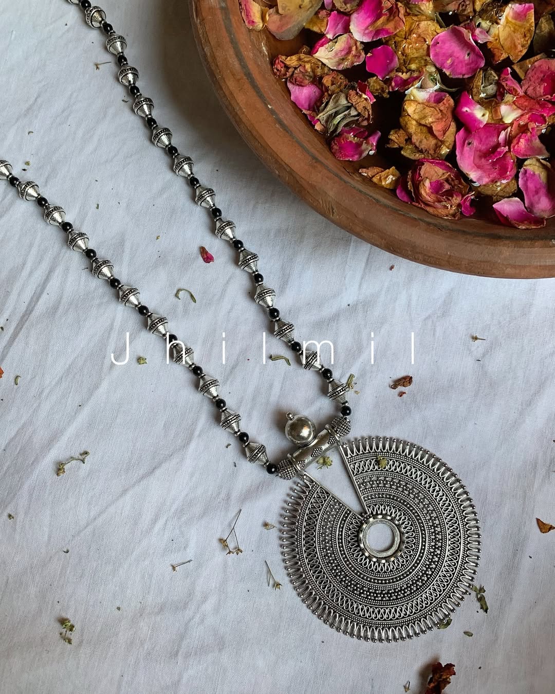 Round Carved black beads mala