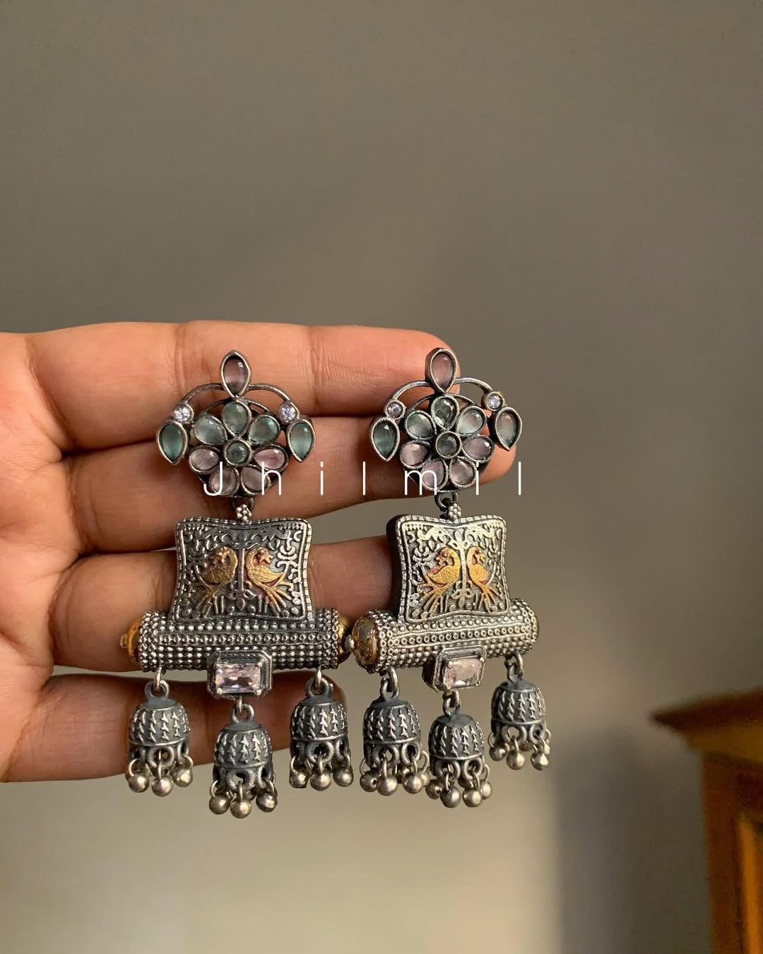 Antique Mor with three jhumkis