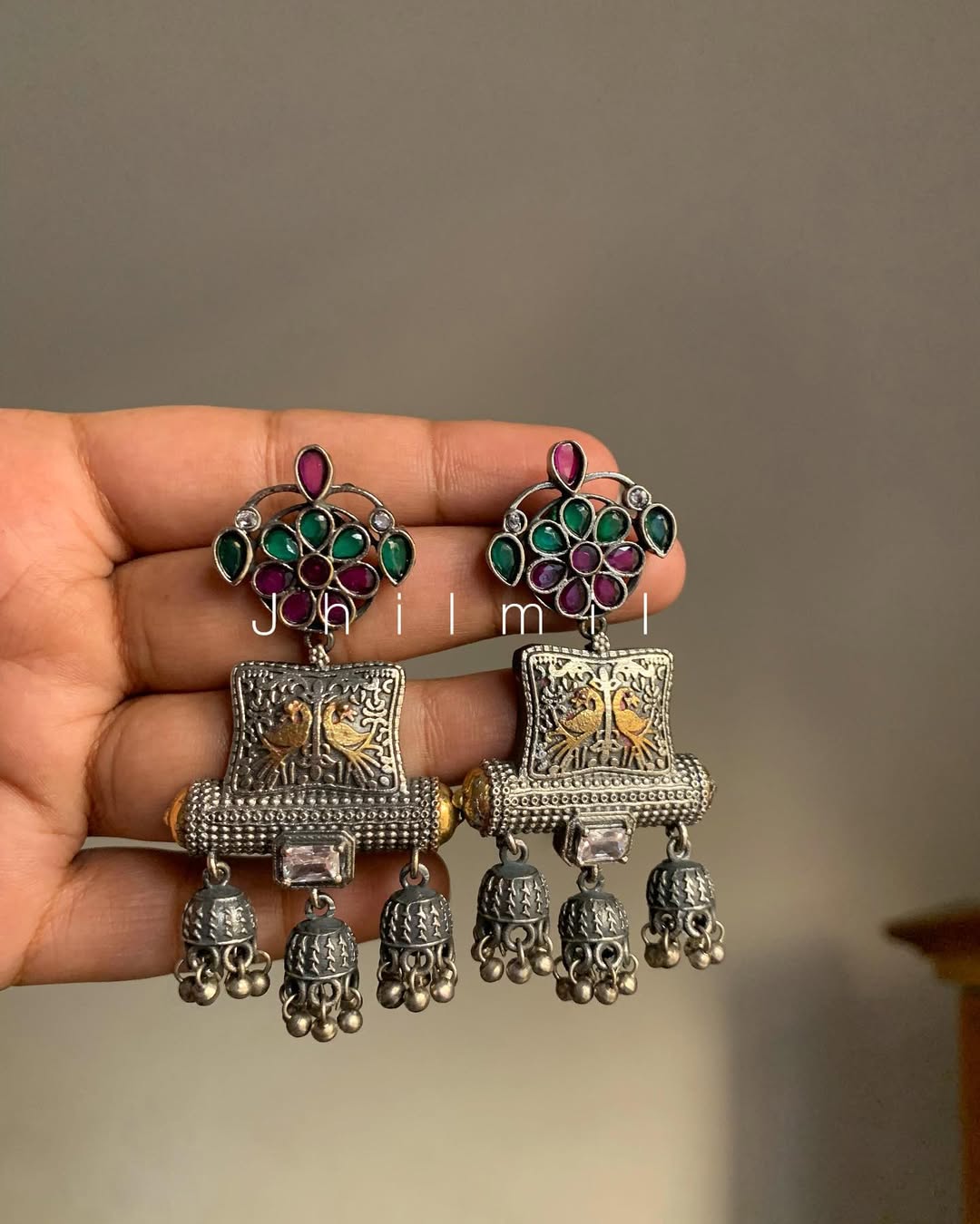 Antique Mor with three jhumkis