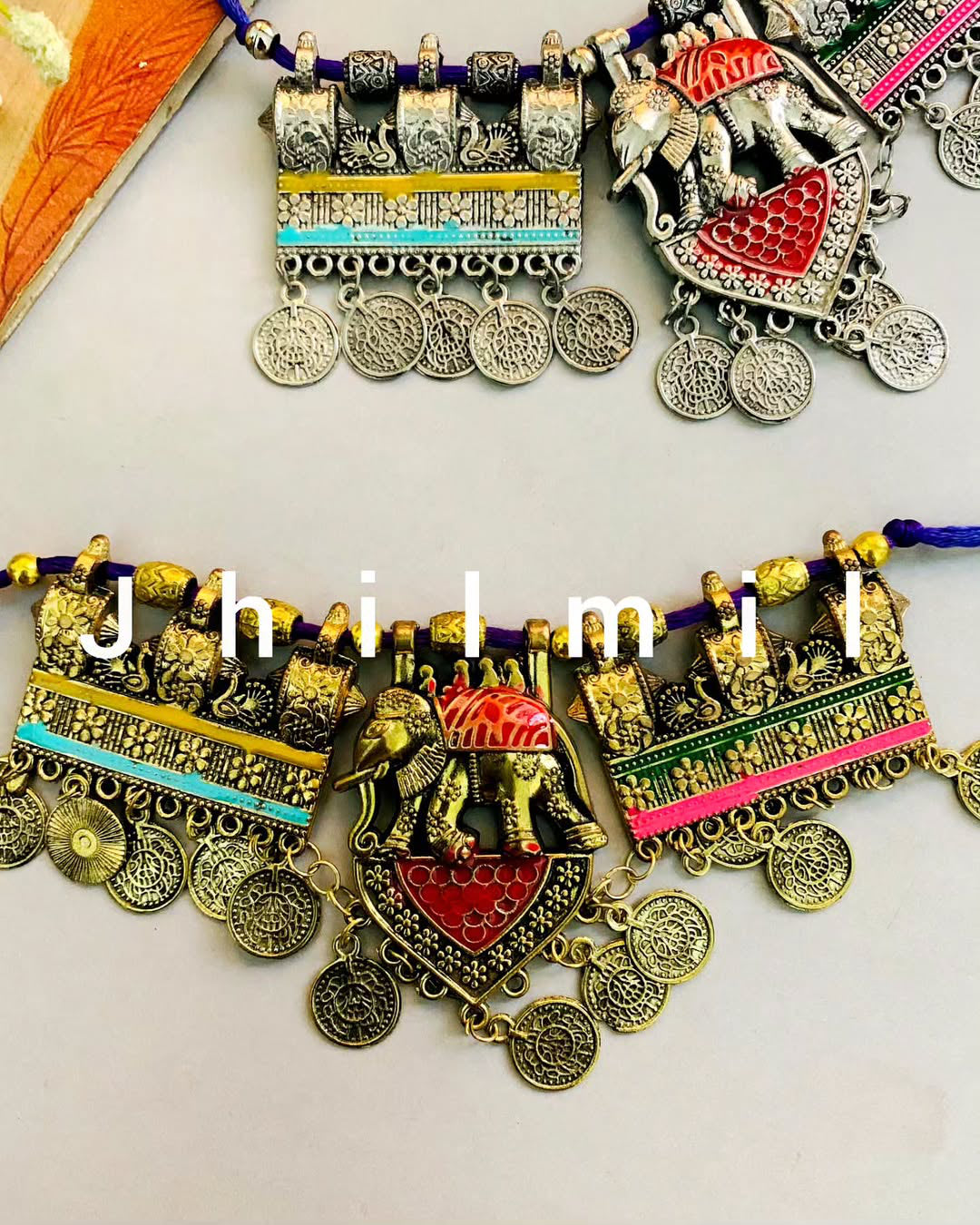 Elephant motif coins hanging chokers