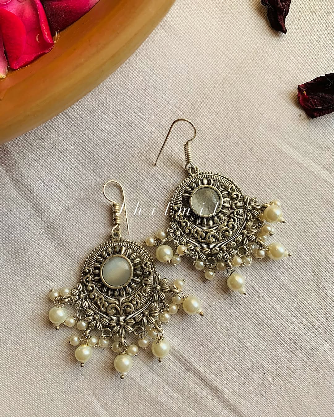 Hook Flower carved stone Studded Earrings