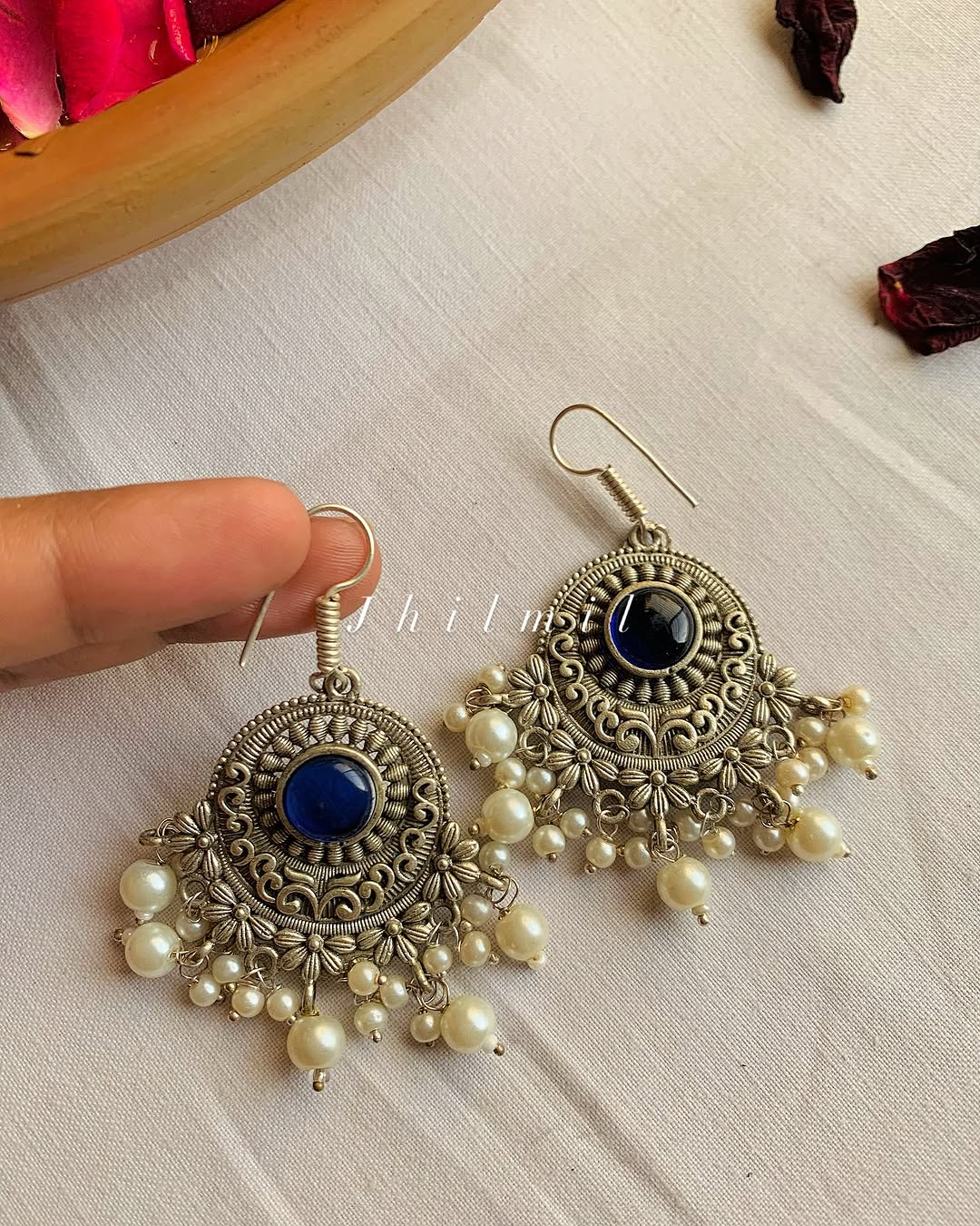 Hook Flower carved stone Studded Earrings