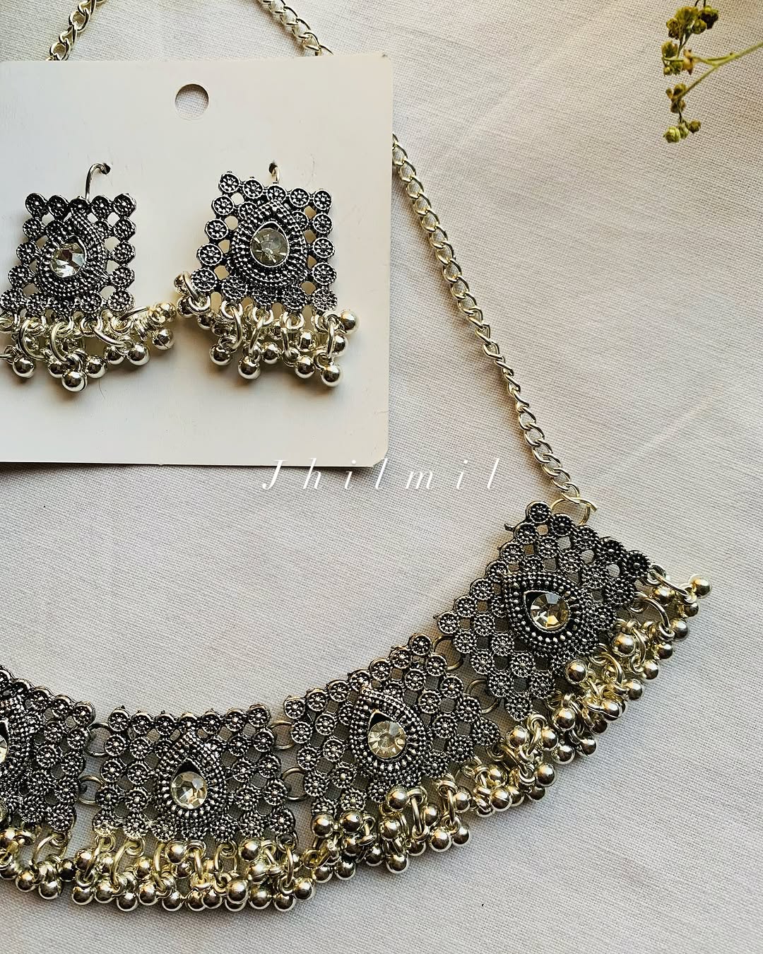 Oxidised stone beaded choker set