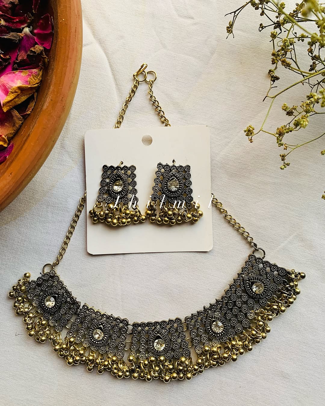 Oxidised stone beaded choker set