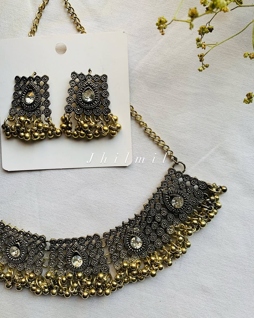 Oxidised stone beaded choker set