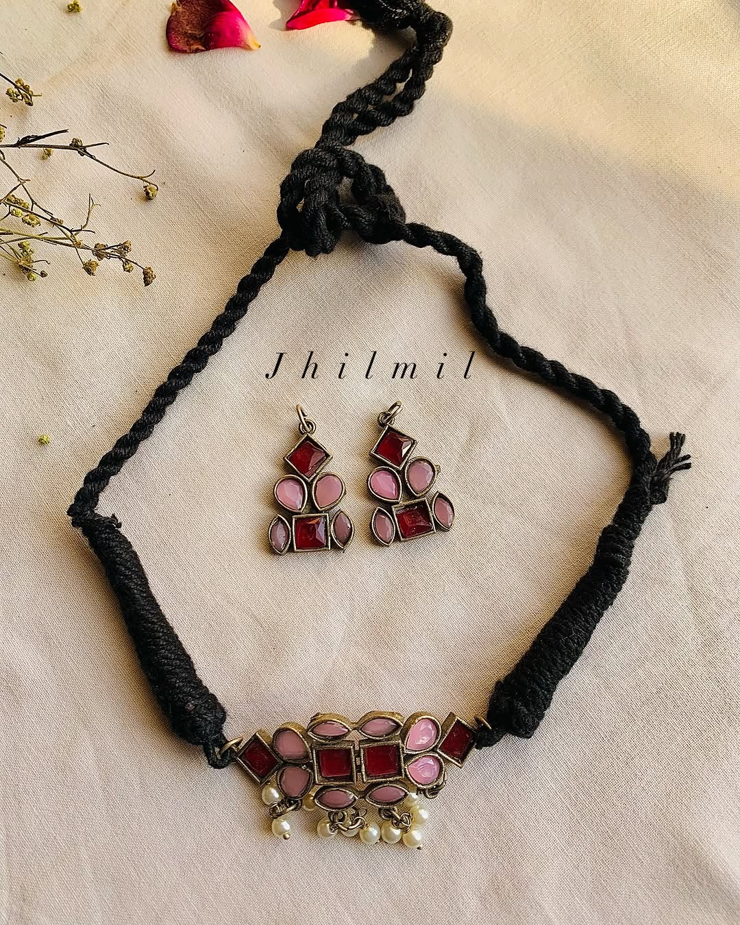 Pink Maroon studded Choker Set