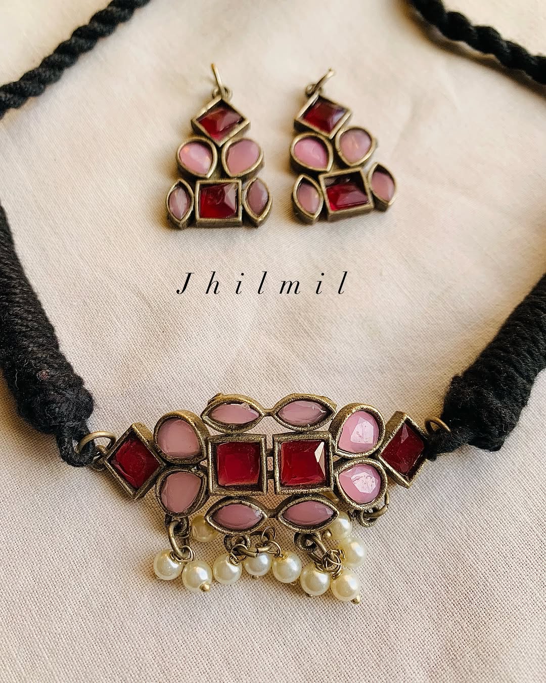 Pink Maroon studded Choker Set
