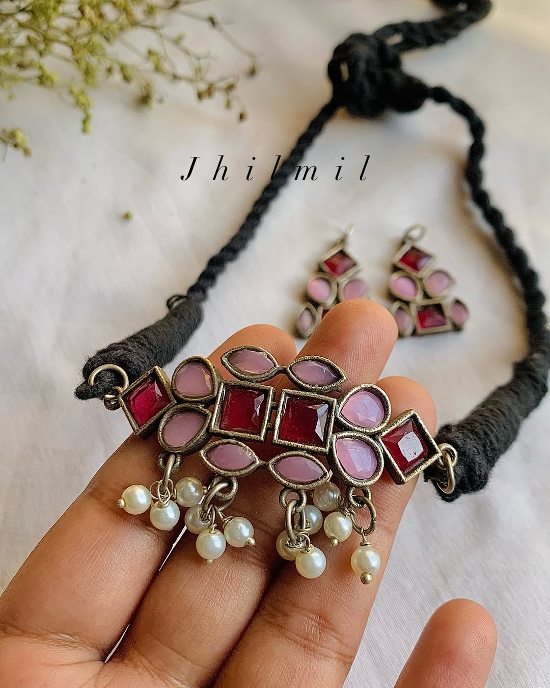 Pink Maroon studded Choker Set