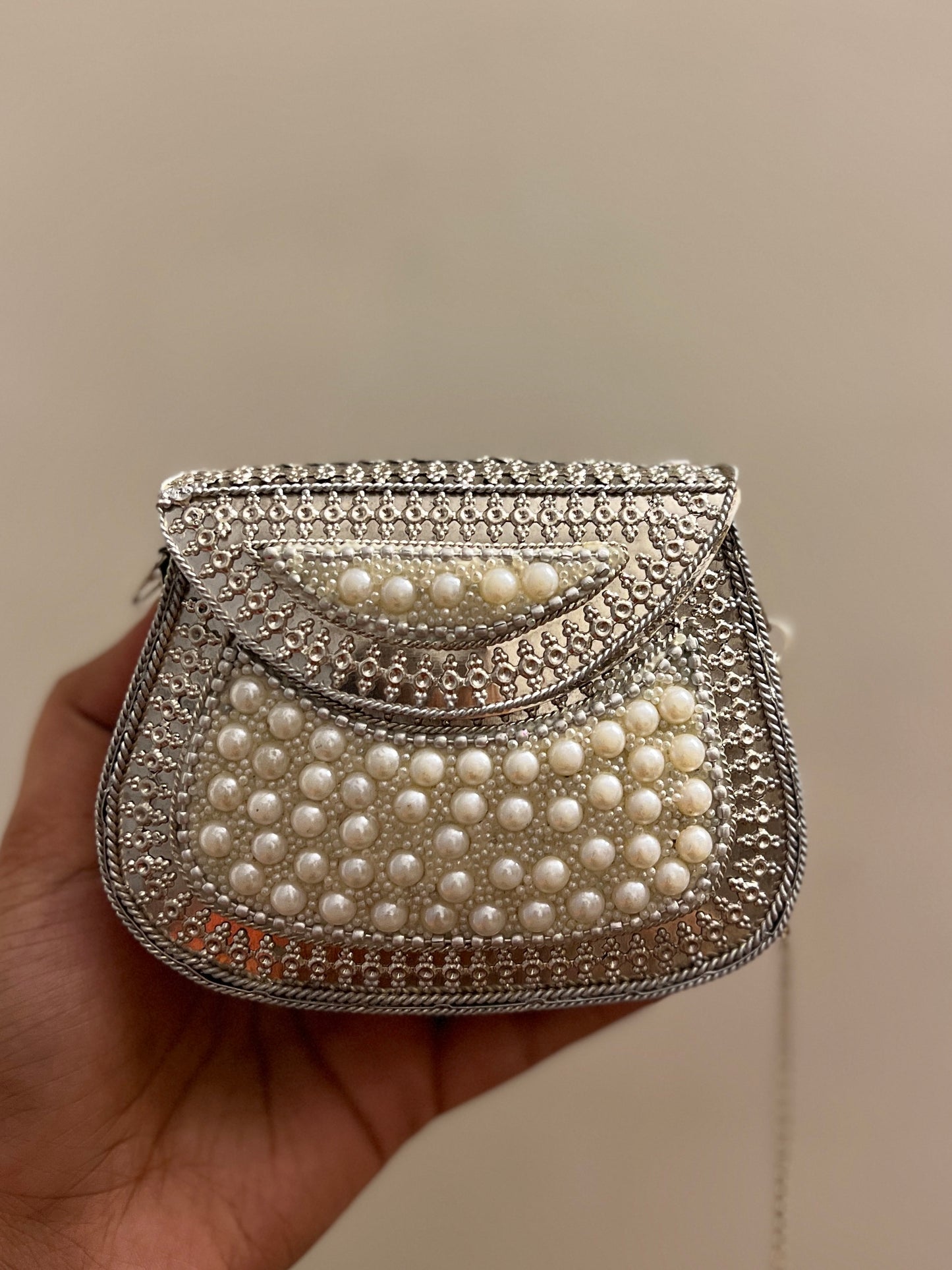 Silver Pearl Metal Clutch