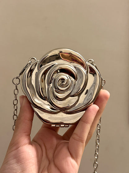 Silver Rose Flower Metal Clutch
