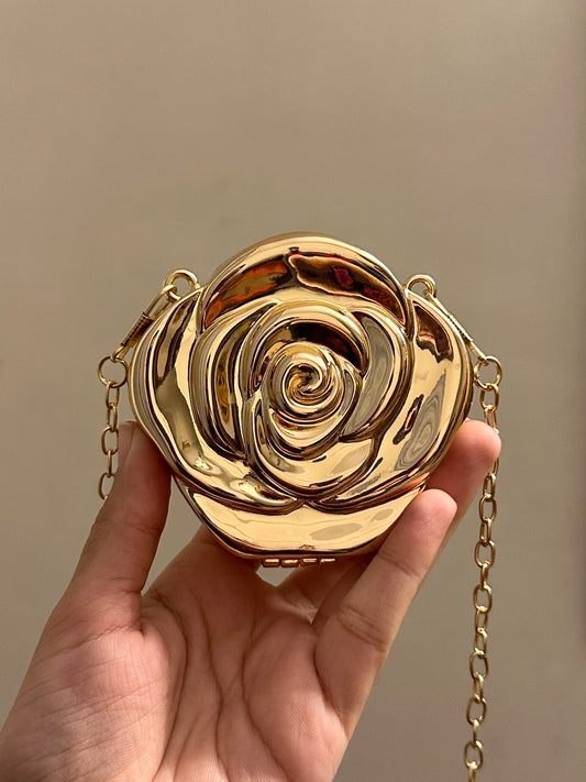Golden Rose Flower Metal Clutch