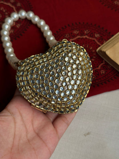 Kundan Heart Clutch(Pearl Chain)