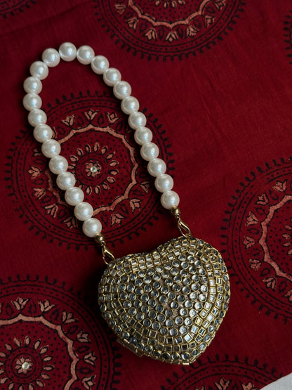 Kundan Heart Clutch(Pearl Chain)