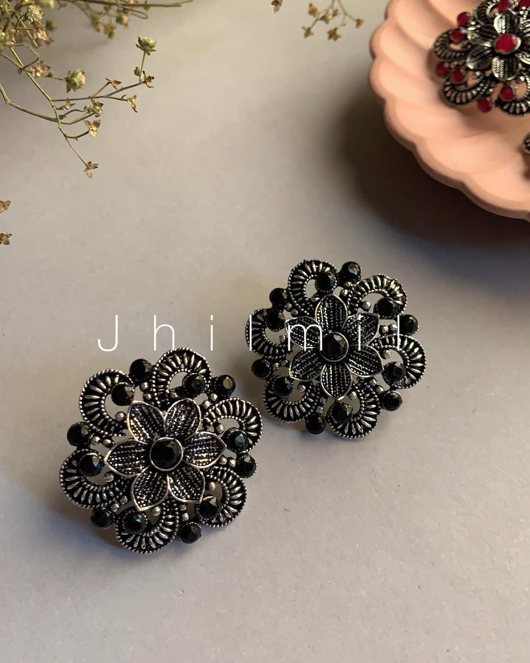 Oxidized floral studs