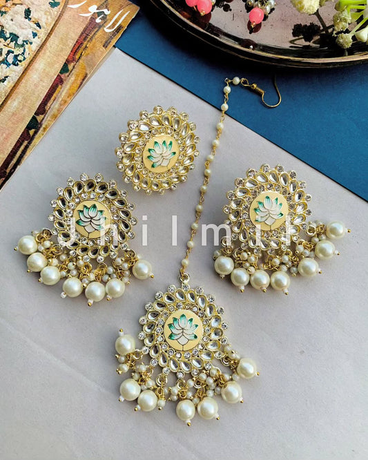 Jaipuri kundan Lotus meena Combo set