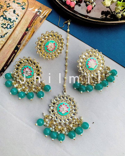 Jaipuri kundan Lotus meena Combo set