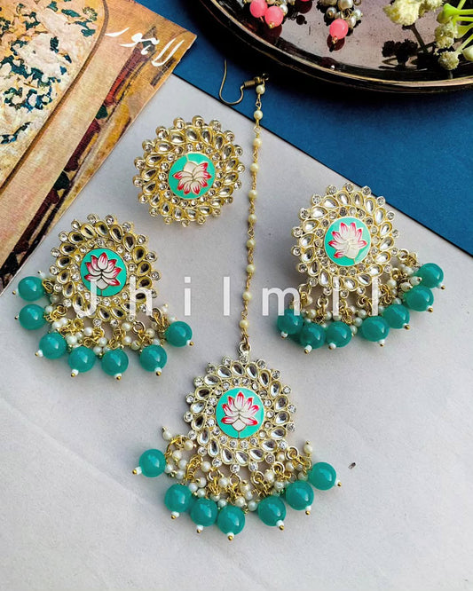 Jaipuri kundan Lotus meena Combo set