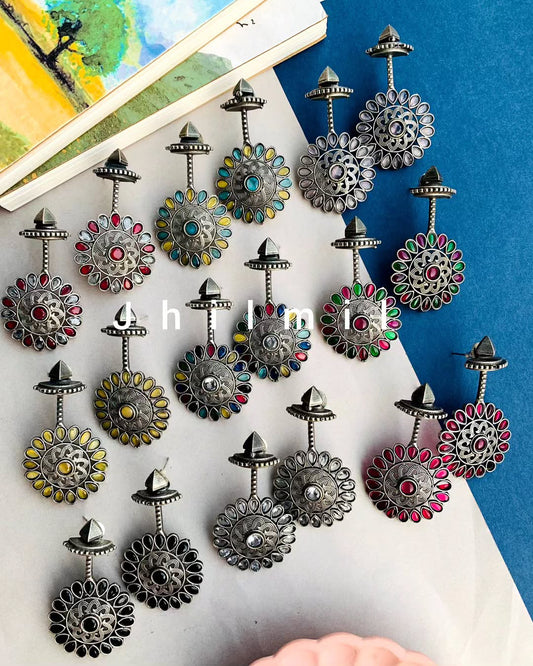 Stone embellished flower drop danglers