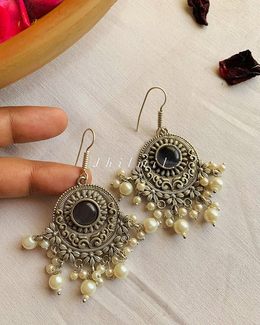 Hook Flower carved stone Studded Earrings