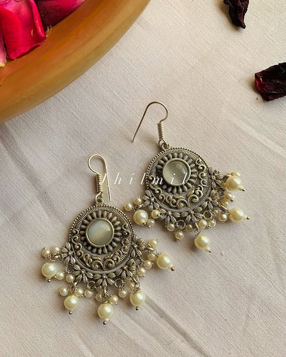 Hook Flower carved stone Studded Earrings