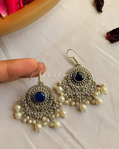 Hook Flower carved stone Studded Earrings