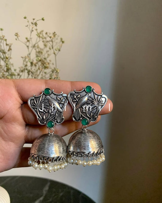 Bird carved stone jhumki 