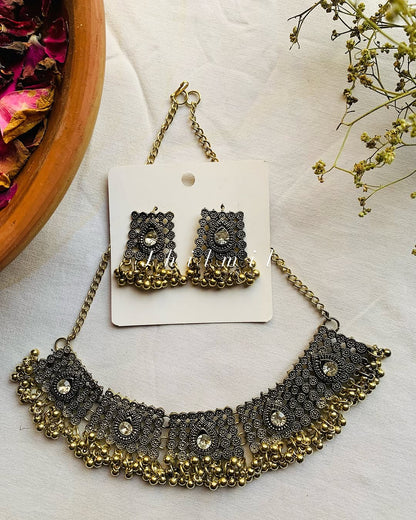 Oxidised stone beaded choker set