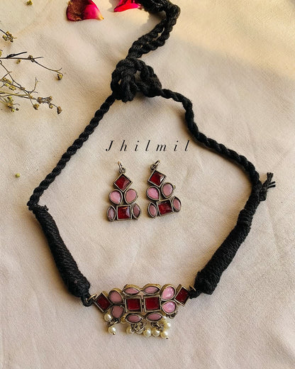 Pink Maroon studded Choker Set